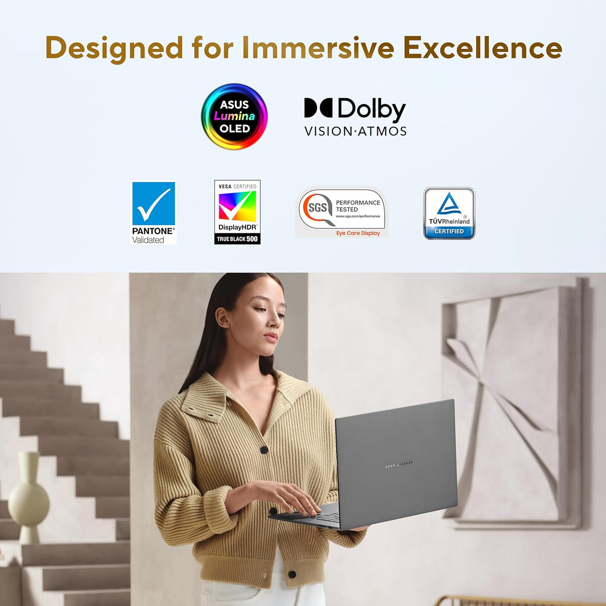 Woman using a laptop with branding logos on a white background
