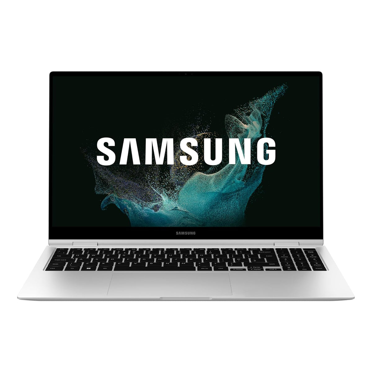 A Samsung laptop shown open against a plain white background, with the screen on and displaying the Samsung logo in large white text over a dark abstract wallpaper.