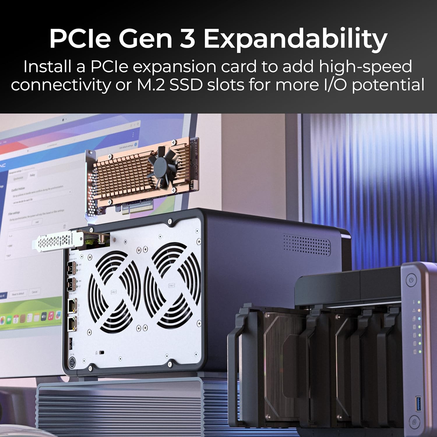A desktop computer tower shown with a PCIe expansion card mounted above it and multiple drive bays visible on the right, under the text 'PCIe Gen 3 Expandability' explaining added high-speed connectivity and M.2 SSD slots.