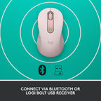 A Logi wireless mouse in a pale pink color, shown from a top-down view on a teal background with white concentric circles. Below the mouse are icons for Bluetooth and USB, with text at the bottom reading 'CONNECT VIA BLUETOOTH OR LOGI BOLT USB RECEIVER'.