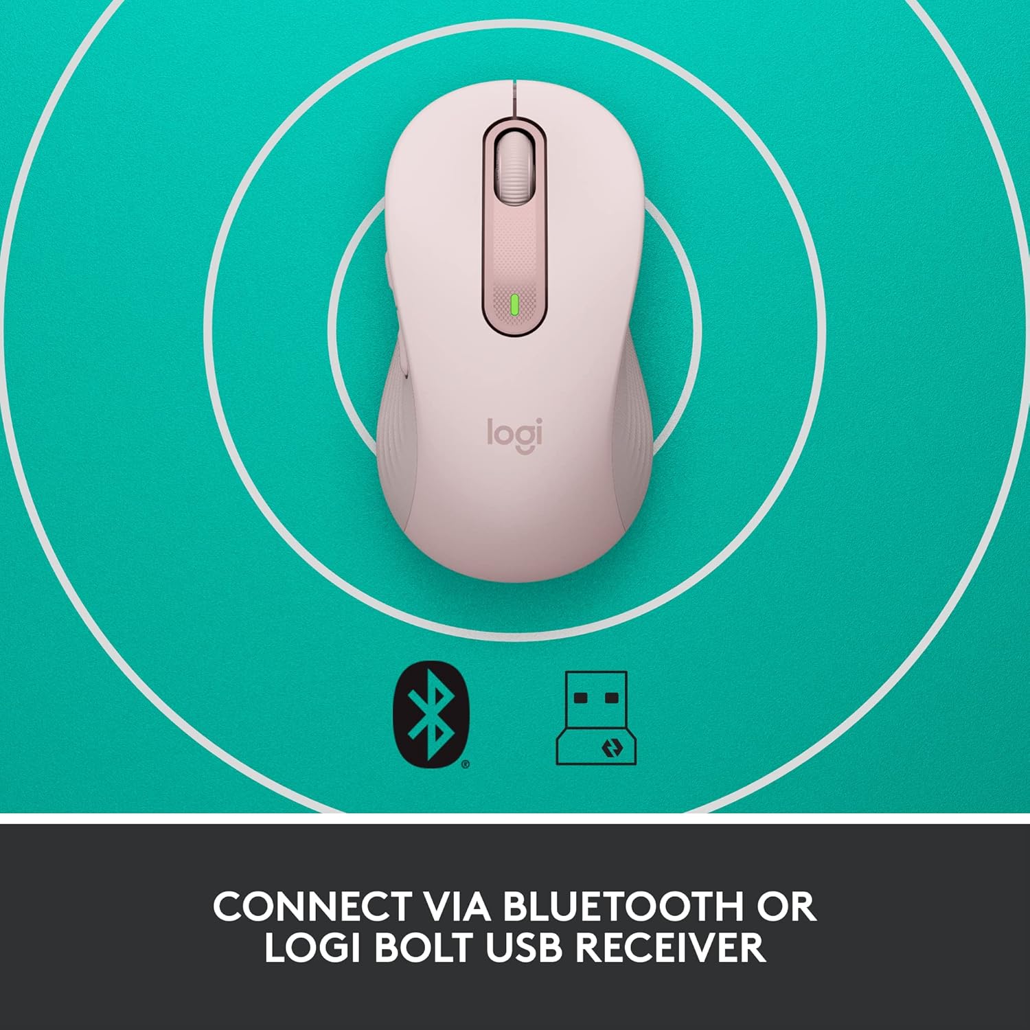 A Logi wireless mouse in a pale pink color, shown from a top-down view on a teal background with white concentric circles. Below the mouse are icons for Bluetooth and USB, with text at the bottom reading 'CONNECT VIA BLUETOOTH OR LOGI BOLT USB RECEIVER'.