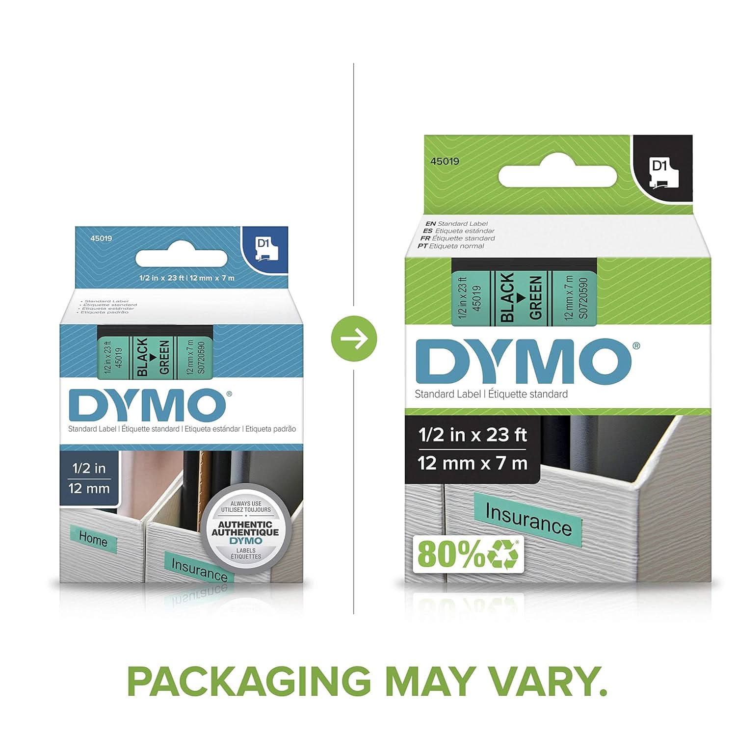 DYMO AUTHENTIC D1 LABELS, 12MM X 7M ROLL, GREEN PRINT ON BLACK TAPE, SELF-ADHESIVE LABELS FOR LABELMANAGER & MOBILELABELER LABEL PRINTERS