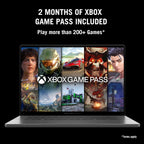 Laptop screen displaying Xbox Game Pass with game thumbnails and promotional text.