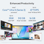 Promotional graphic for an ASUS laptop processor featuring Intel Core Ultra 5 (Series 3) and up to 47 TOPS Intel AI Boost NPU, with 35W total TDP, 512 GB PCIe 4.0 SSD, and 16 GB DDR5 RAM, shown with a laptop and various software interface screenshots on a light gray background.