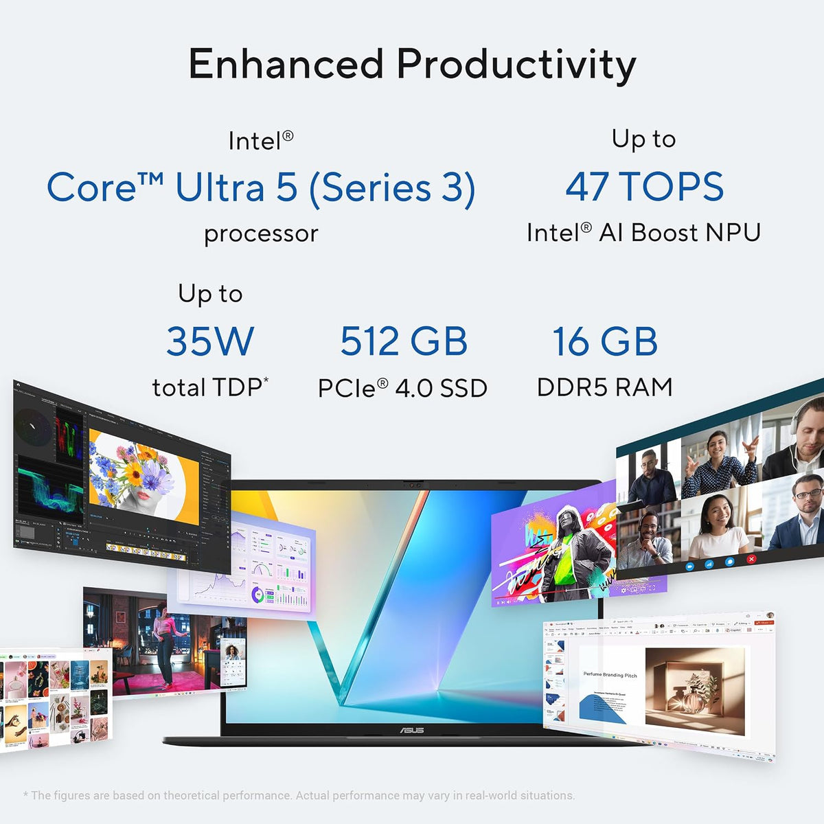 Promotional graphic for an ASUS laptop processor featuring Intel Core Ultra 5 (Series 3) and up to 47 TOPS Intel AI Boost NPU, with 35W total TDP, 512 GB PCIe 4.0 SSD, and 16 GB DDR5 RAM, shown with a laptop and various software interface screenshots on a light gray background.
