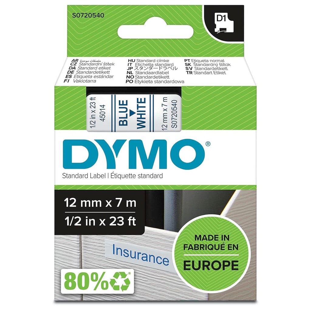 DYMO AUTHENTIC D1 LABELS, WHITE PRINT ON BLUE TAPE, 12MM X 7M, SELF-ADHESIVE LABELS FOR LABELMANAGER & MOBILELABELER LABEL PRINTERS