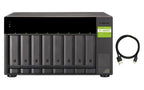 An eight-bay rack-mount storage server with a black front panel and drive bays, shown alongside a black USB cable on a plain white background.