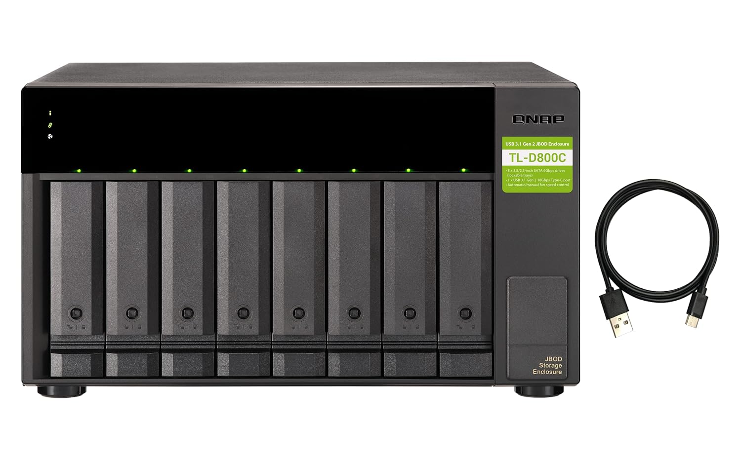 An eight-bay rack-mount storage server with a black front panel and drive bays, shown alongside a black USB cable on a plain white background.