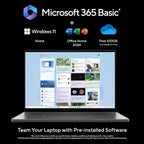 Promotional graphic for Microsoft 365 Basic with Windows 11, showing a silver laptop on a black background with software icons and text including Office Home 2024 and a free 100GB cloud storage plan.