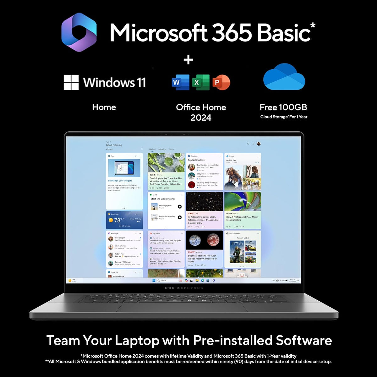 Promotional graphic for Microsoft 365 Basic with Windows 11, showing a silver laptop on a black background with software icons and text including Office Home 2024 and a free 100GB cloud storage plan.
