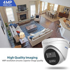 A white dome security camera shown in the foreground with a large living room interior in the background, plus text reading '4MP 2560x1440' and 'High Quality Imaging.' The product being sold appears to be the camera, not the room scene, so this is best classified as Product/Packaging rather than Lifestyle or Scenery.