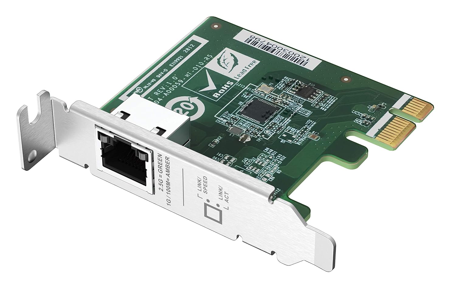 Network interface card with a green circuit board and Ethernet connector on a white background