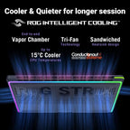 ROG Intelligent Cooling Strix gaming CPU cooler graphic on a black background, showing a rectangular CPU heatsink with RGB lighting accents and text highlighting features like vapor chamber, tri-fan technology, and 15°C cooler temperature.