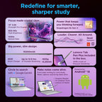 A promotional infographic for a Lenovo Tab Pen Plus with Google Gemini and Android 14, featuring a purple and pink layout with text callouts, laptop mockups, and feature highlights.