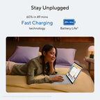 Promotional graphic for a laptop charger or battery life product. The top text reads 'Stay Unplugged' with '60% in 49 mins Fast Charging technology' and a '29+ Hrs Battery Life*' badge.