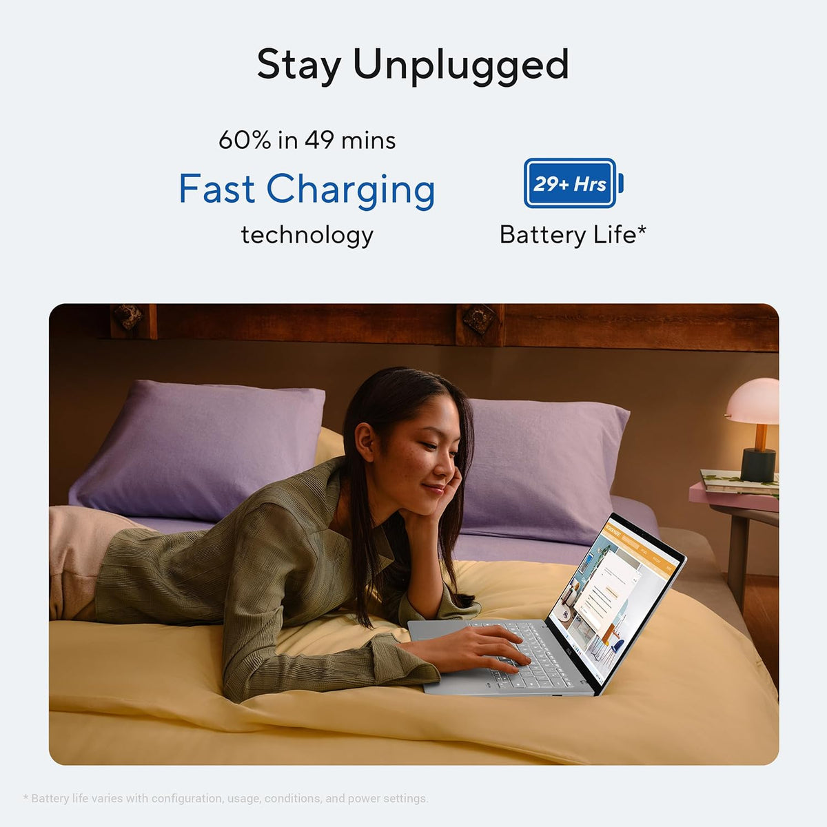 Promotional graphic for a laptop charger or battery life product. The top text reads 'Stay Unplugged' with '60% in 49 mins Fast Charging technology' and a '29+ Hrs Battery Life*' badge.