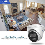 A white dome security camera shown in the foreground with a large living room interior in the background, plus text reading '4MP 2560x1440' and 'High Quality Imaging.' The product being sold appears to be the camera, not the room scene, so this is best classified as Product/Packaging rather than Lifestyle or Scenery.