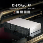2U short-depth rackmount 2.5GbE NAS device with branding on a reflective surface