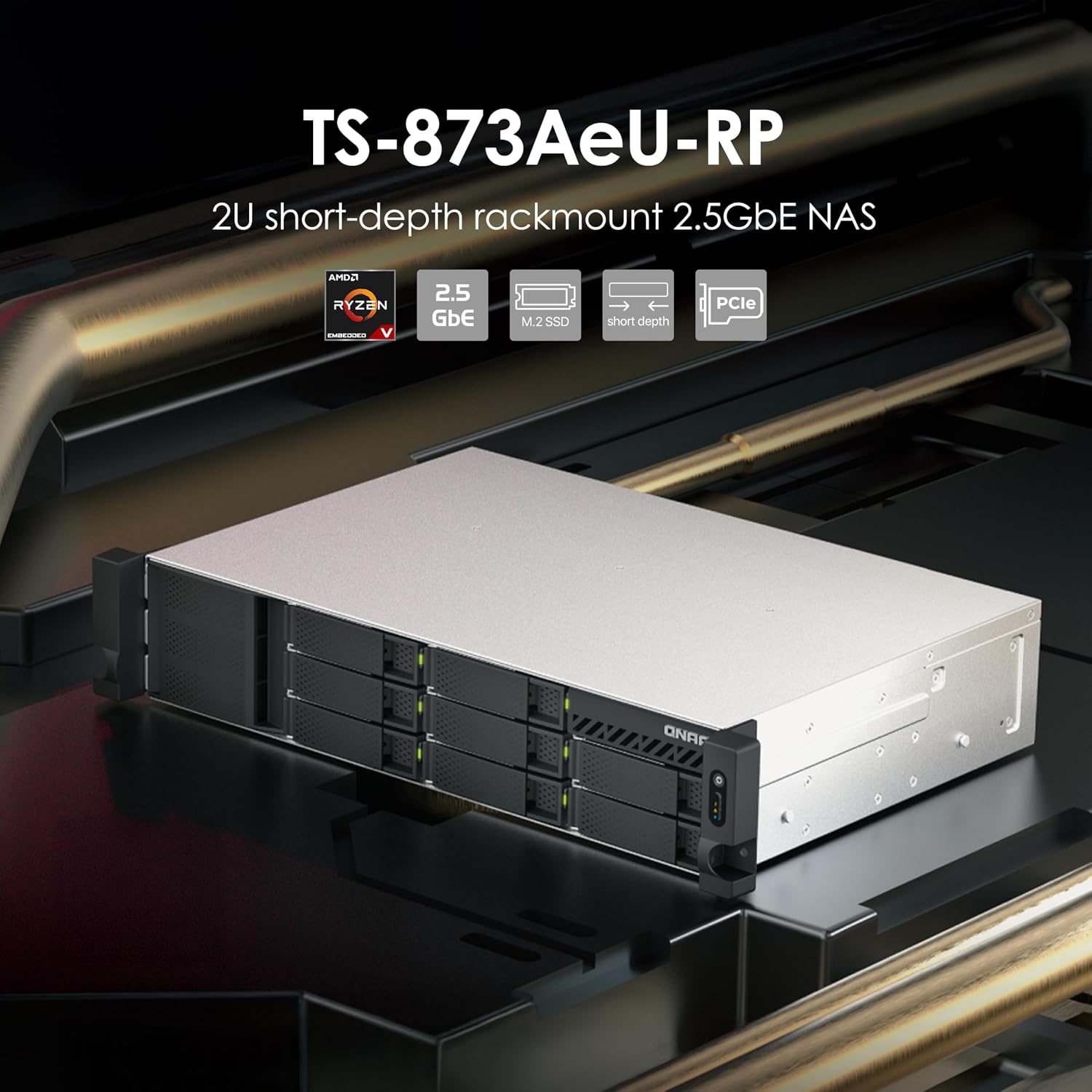 2U short-depth rackmount 2.5GbE NAS device with branding on a reflective surface