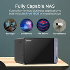 QNAP NAS device with features for backups, containers, file server, and surveillance on a blue background.