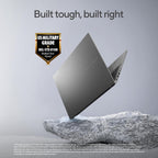 Laptop on a rock with 'Built tough, built right' text and military grade certification badge.