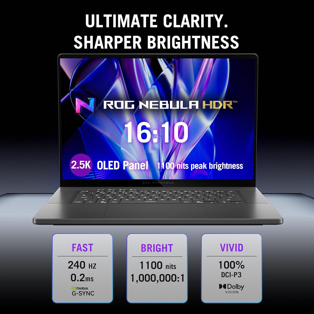 A laptop shown from the front on a dark studio background, with large marketing text above reading 'ULTIMATE CLARITY. SHARPER BRIGHTNESS.