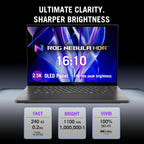 A laptop shown from the front on a dark studio background, with large marketing text above reading 'ULTIMATE CLARITY. SHARPER BRIGHTNESS.
