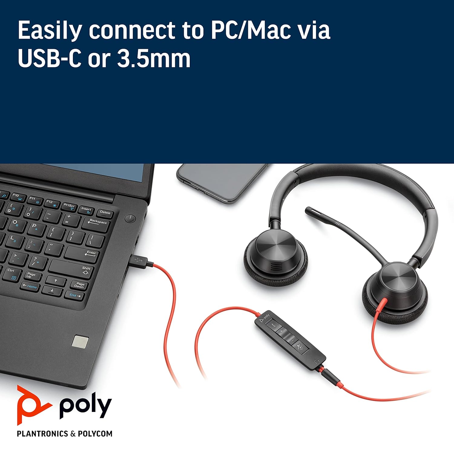 POLY Blackwire 3225 USB-C Wired Headphone with Noise Cancelling Boom Mic - Black