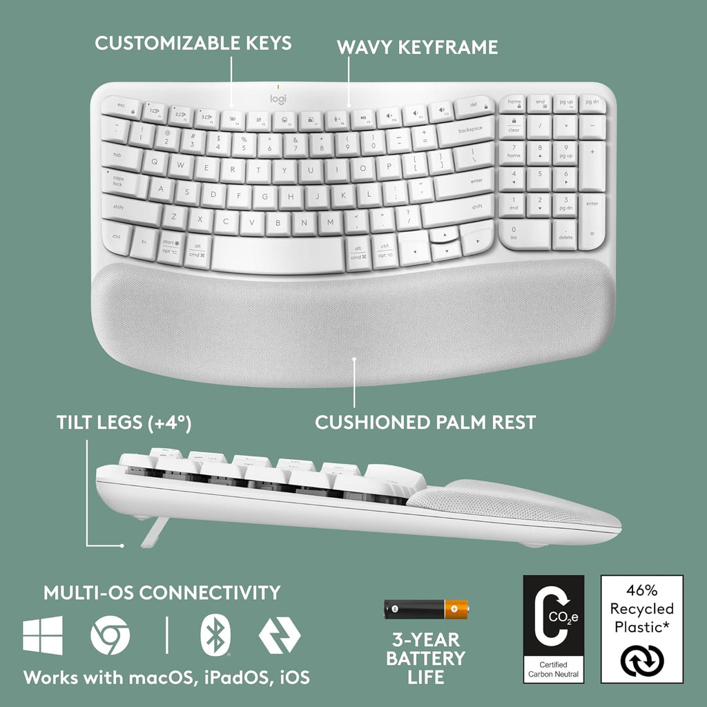 Logitech Ergo Series Wave Keys Wireless Ergonomic Keyboard with Cushioned Palm Rest - Off White