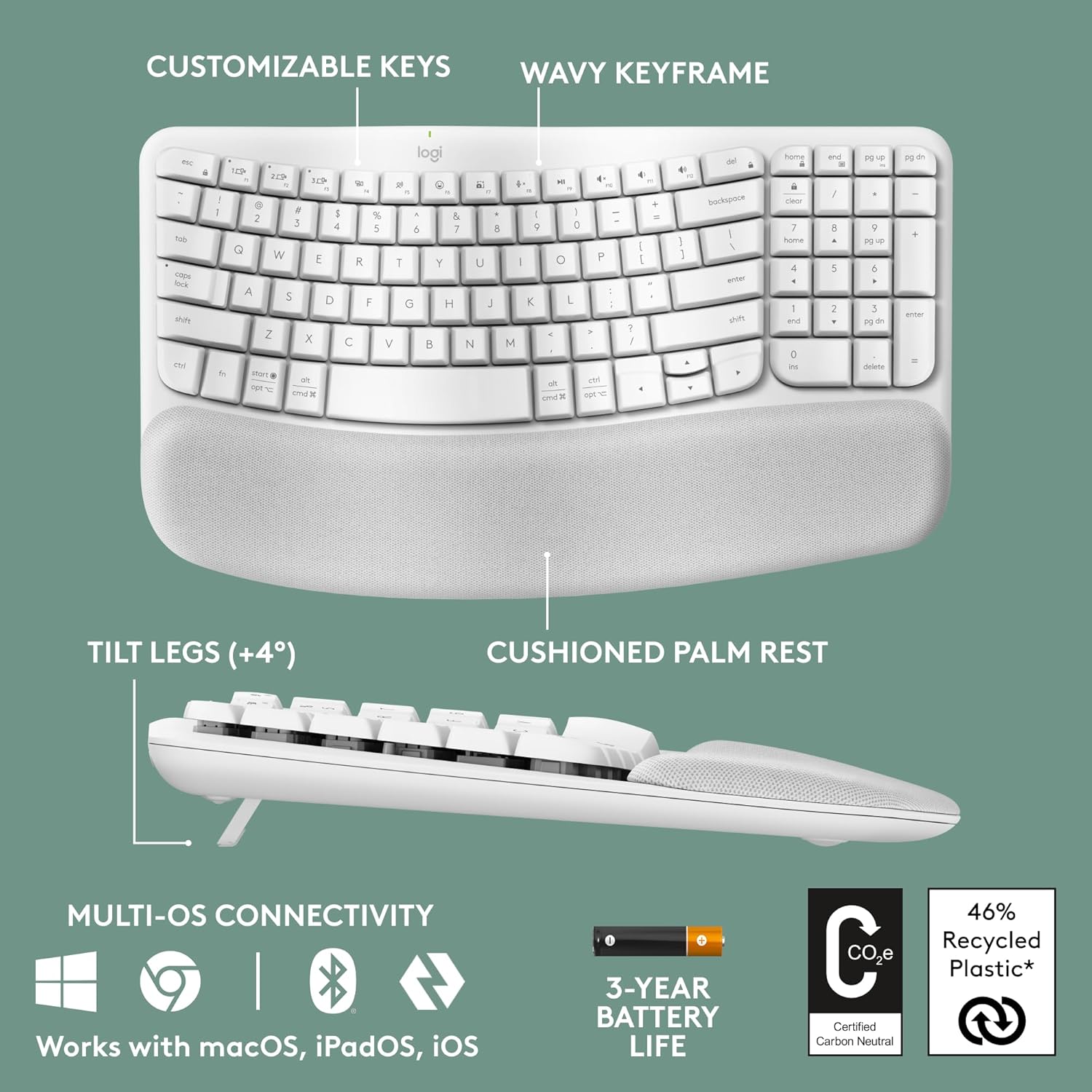 Logitech Ergo Series Wave Keys Wireless Ergonomic Keyboard with Cushioned Palm Rest - Off White