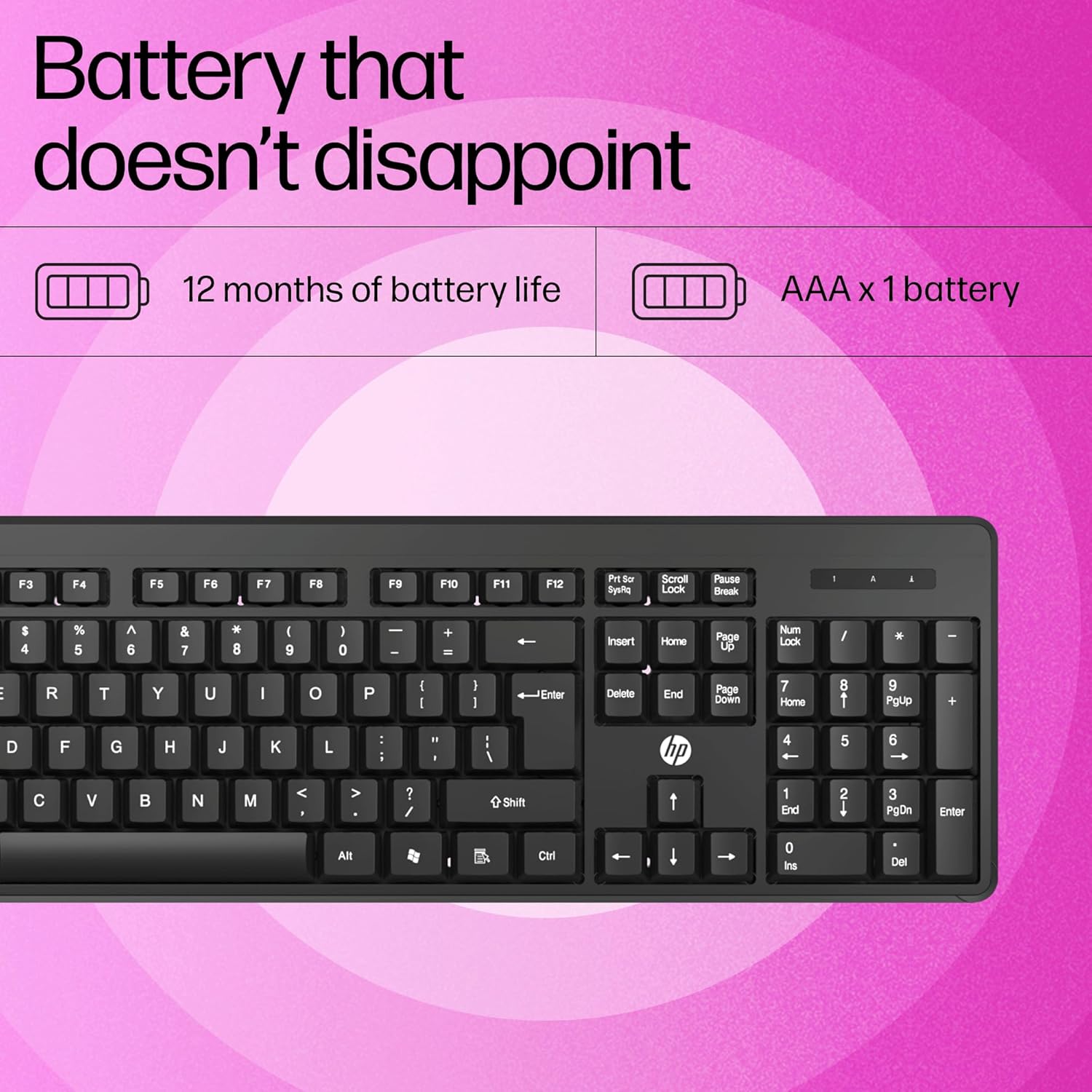HP K160 2.4GHz Wireless Keyboard with 12 Function Shortcut Keys - Black