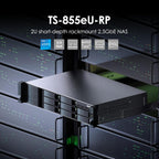 A black 2U short-depth rackmount 2.5GbE NAS server labeled TS-855eU-RP, shown mounted in a server rack with text callouts and feature icons including Intel Atom, 2.