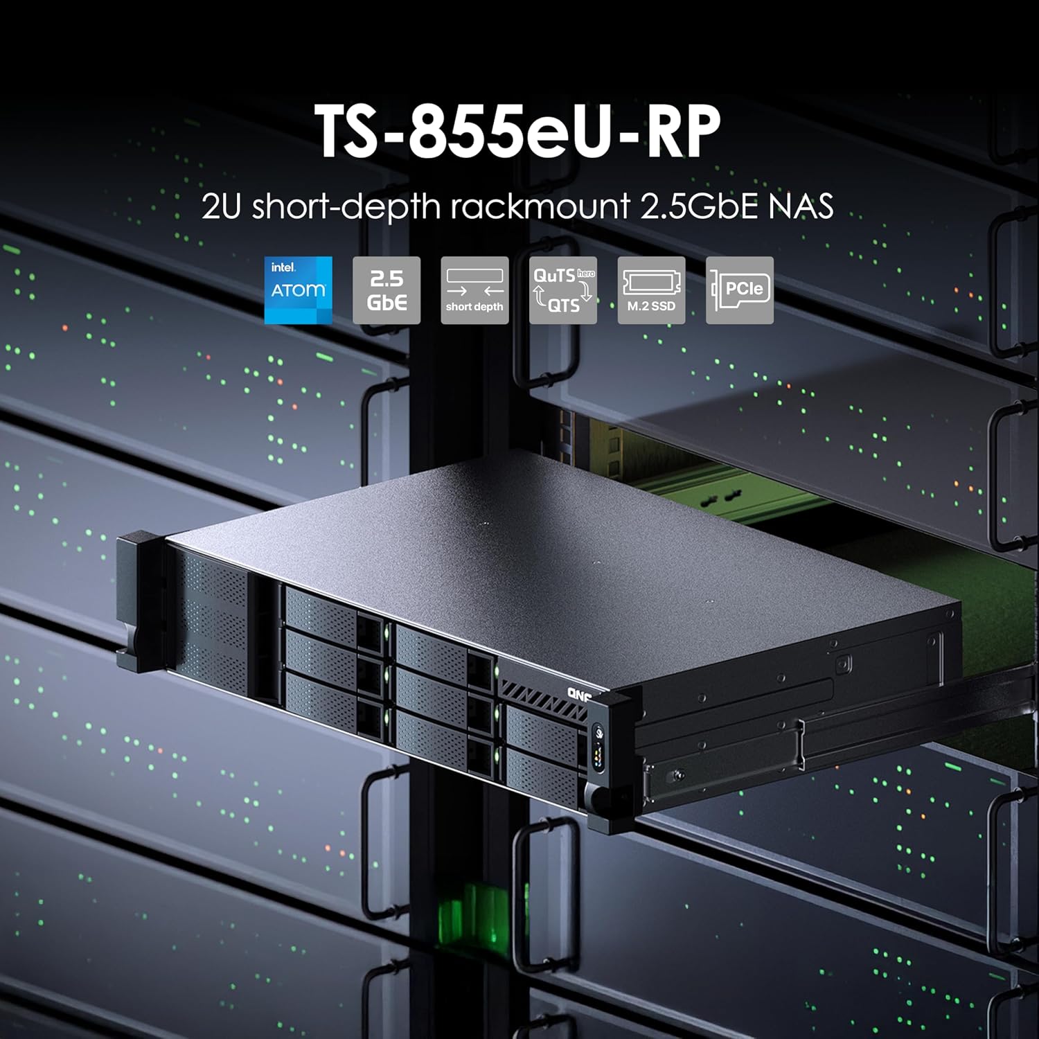 A black 2U short-depth rackmount 2.5GbE NAS server labeled TS-855eU-RP, shown mounted in a server rack with text callouts and feature icons including Intel Atom, 2.