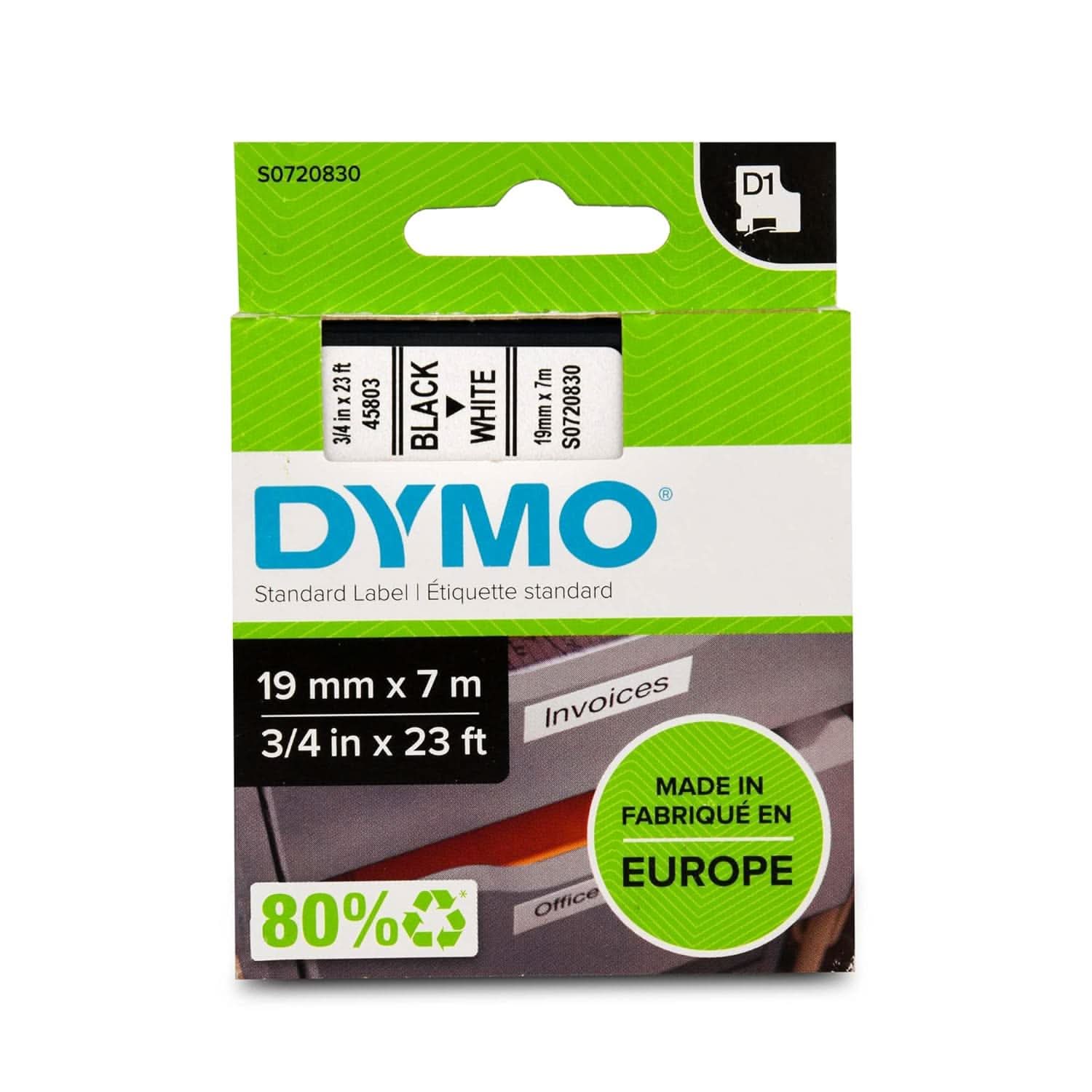 DYMO AUTHENTIC D1 LABELS, BLACK PRINT ON WHITE TAPE, 19MM X 7M, SELF-ADHESIVE LABELS FOR LABELMANAGER & MOBILELABELER LABEL PRINTERS