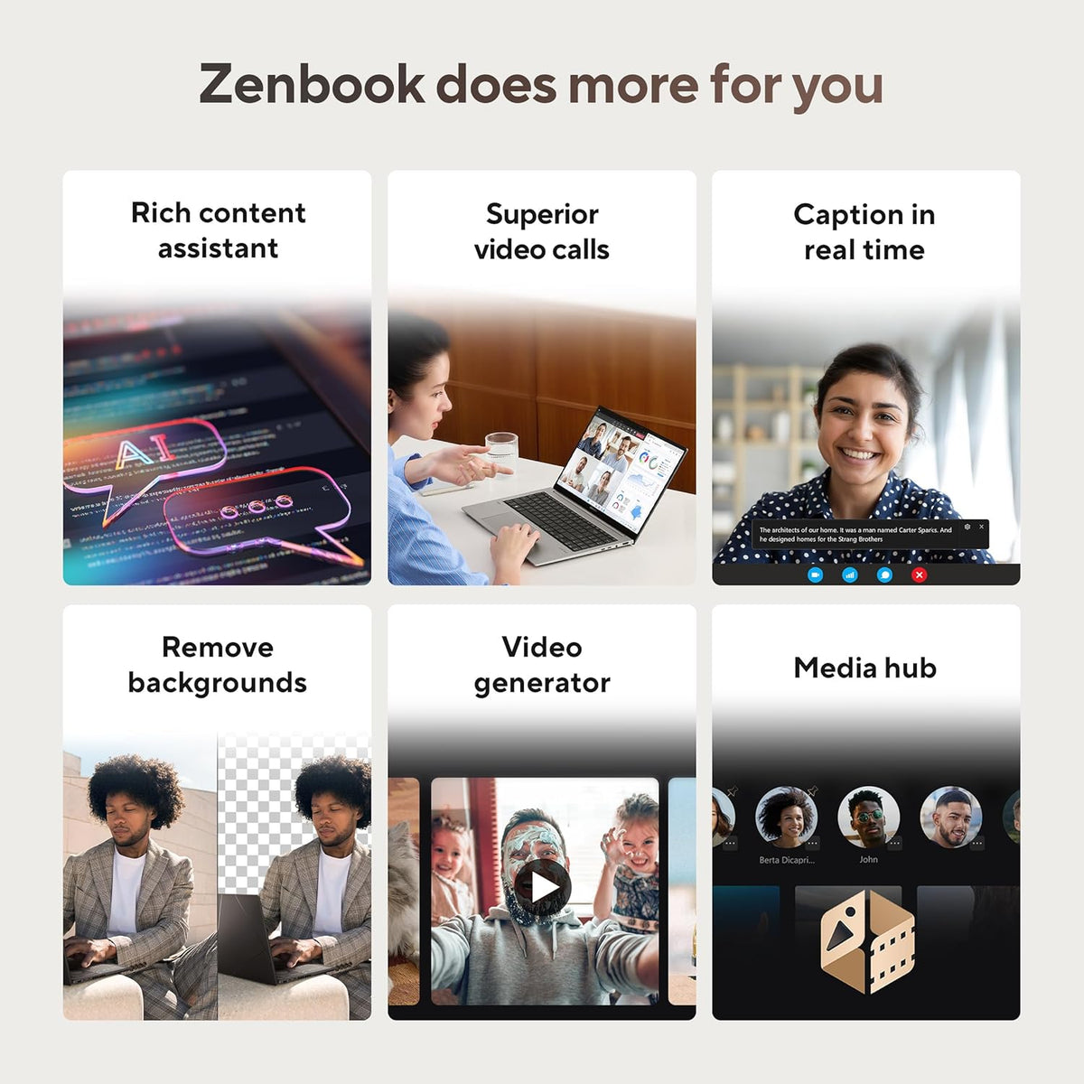 Promotional graphic for Zenbook with features like rich content assistant, superior video calls, caption in real time, remove backgrounds, video generator, and media hub.