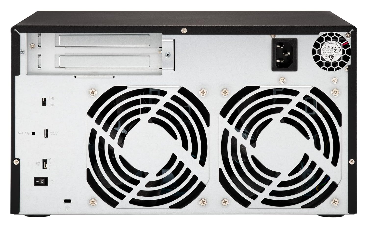 Back view of a computer case with cooling fans and power connectors.