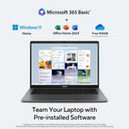 ASUS laptop shown on a light gray background with promotional text and software icons for Microsoft 365 Basic, Windows 11 Home, Office Home 2024, and a 100GB cloud storage freebie.