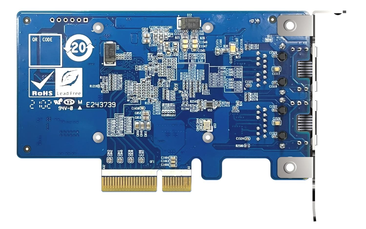 Computer motherboard expansion card with various components on a white background