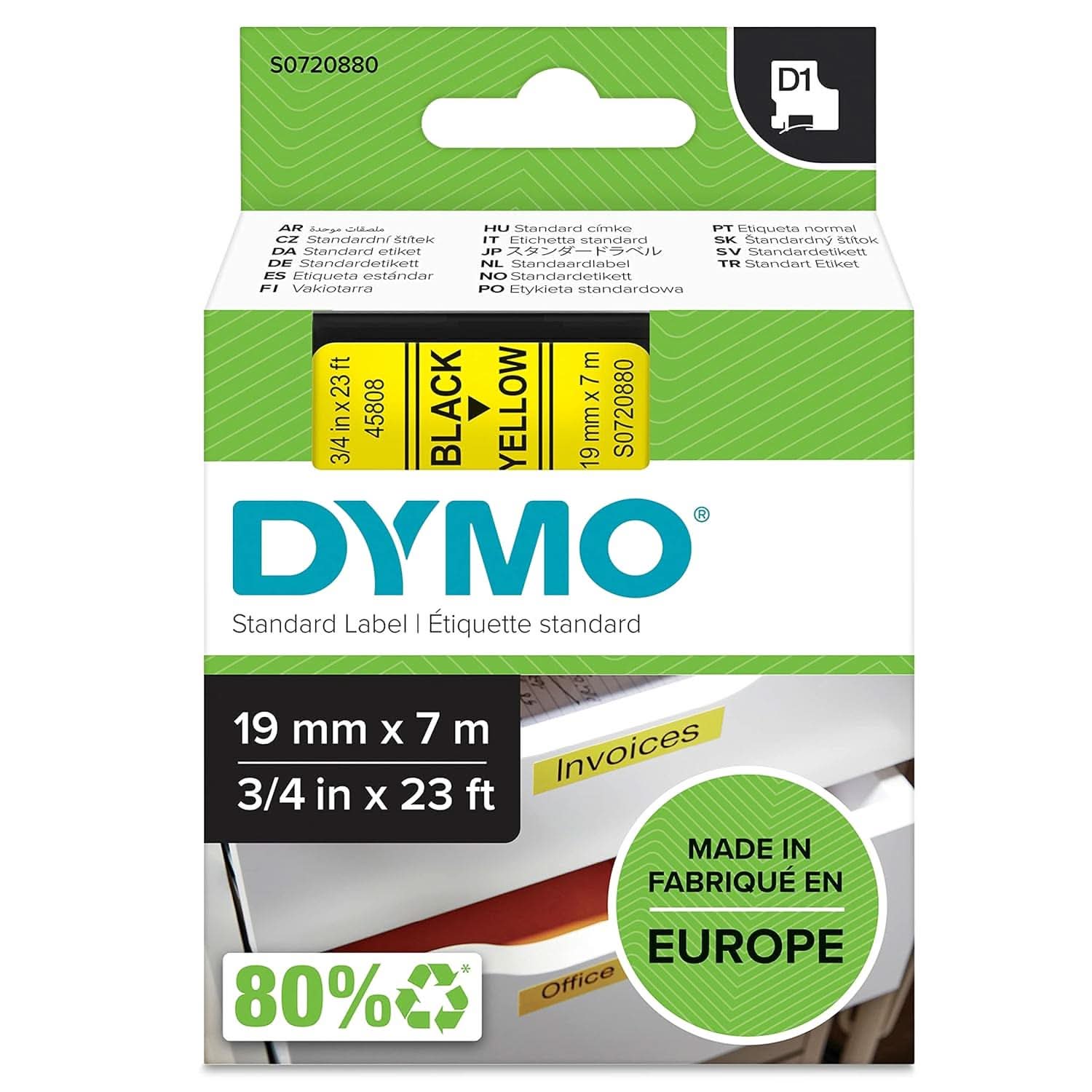 DYMO AUTHENTIC D1 LABELS, BLACK PRINT ON YELLOW TAPE, 19MM X 7M, SELF-ADHESIVE LABELS FOR LABELMANAGER & MOBILELABELER LABEL PRINTERS
