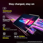 Promotional graphic for a tablet showing its battery and charging features. The tablet is angled diagonally with colorful screen content, surrounded by glowing abstract light streaks.