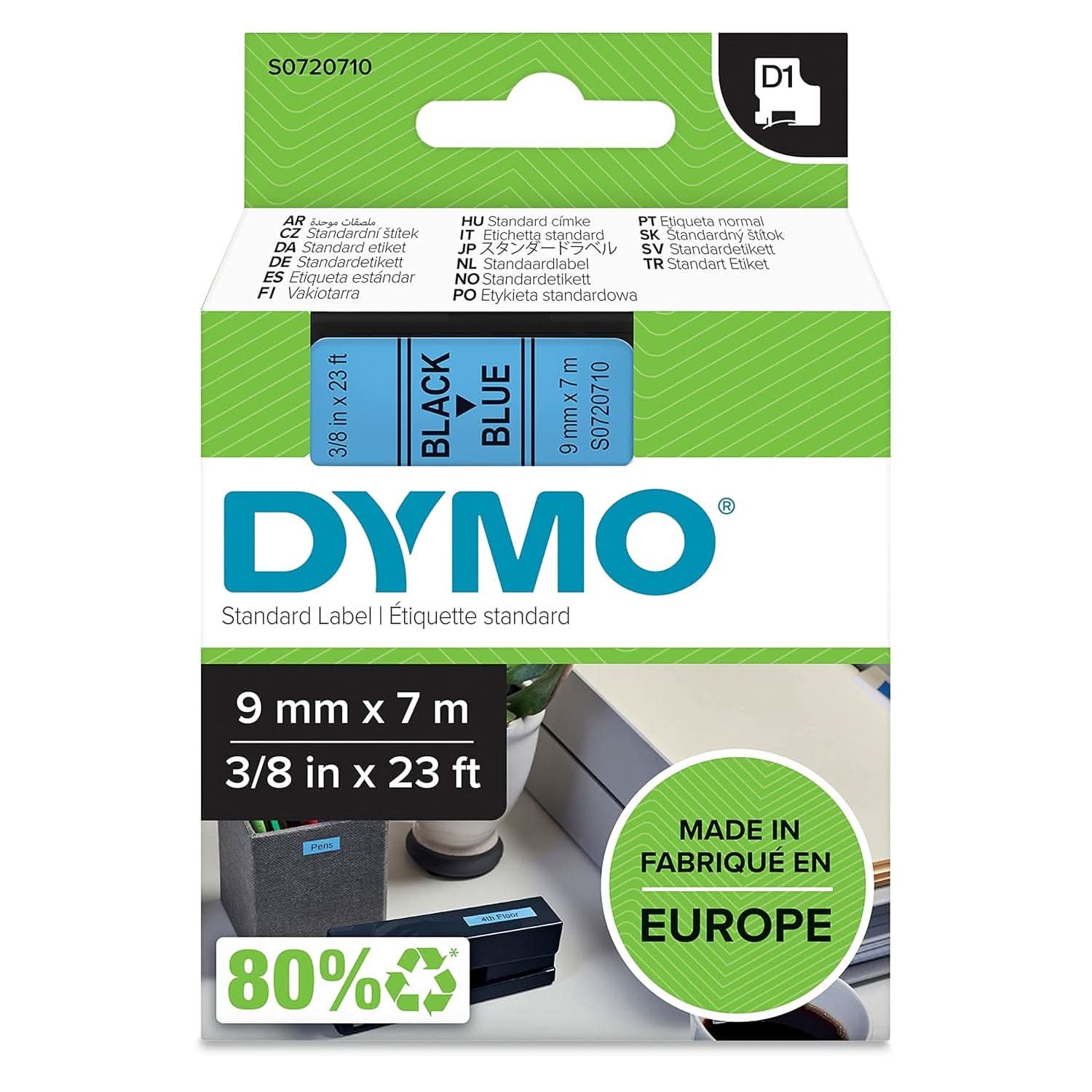DYMO AUTHENTIC D1 LABELS, 9MM X 7M ROLL, BLACK PRINT ON BLUE TAPE, SELF-ADHESIVE LABELS FOR LABELMANAGER & MOBILELABELER LABEL PRINTERS