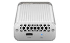 Silver external hard drive with USB and SD card slots on a white background