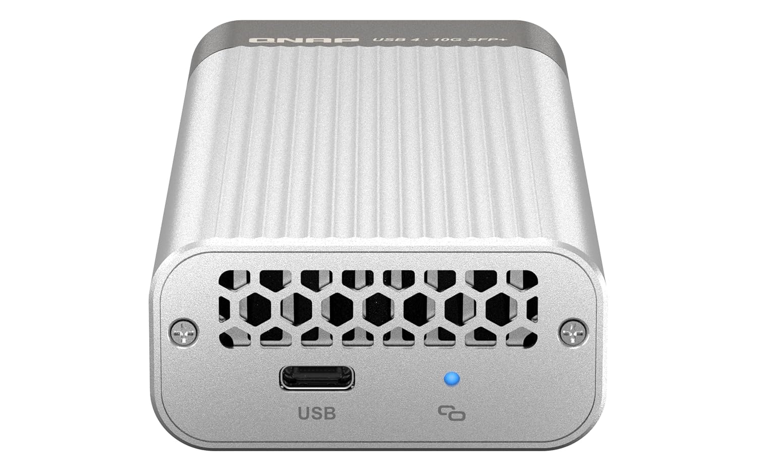 Silver external hard drive with USB and SD card slots on a white background