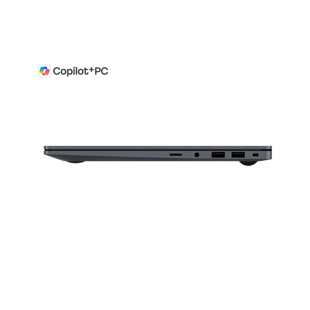 A slim dark gray laptop shown from the side profile on a white background, with the Copilot+PC logo displayed above it.