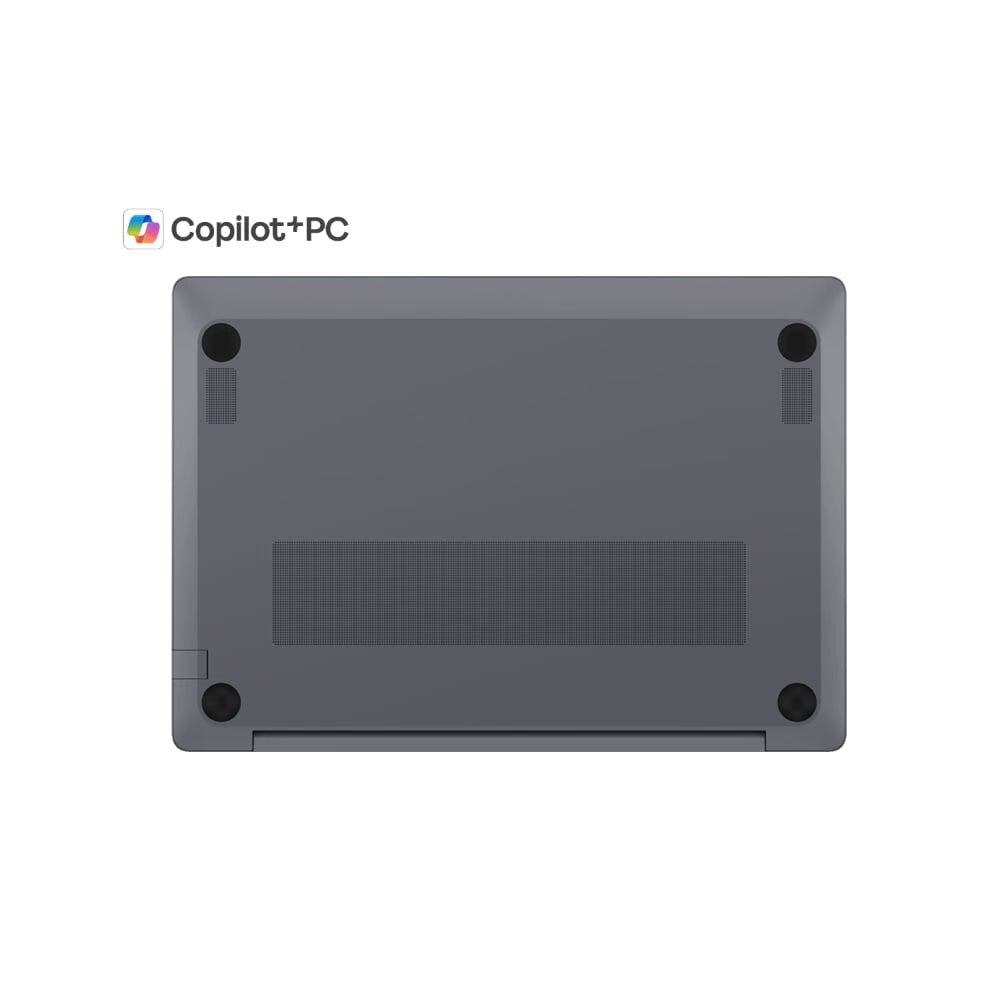 The underside of a gray laptop, showing four black rubber feet, a vented grille, and a hinge, with the Copilot+PC logo printed in the top-left corner on a white background.