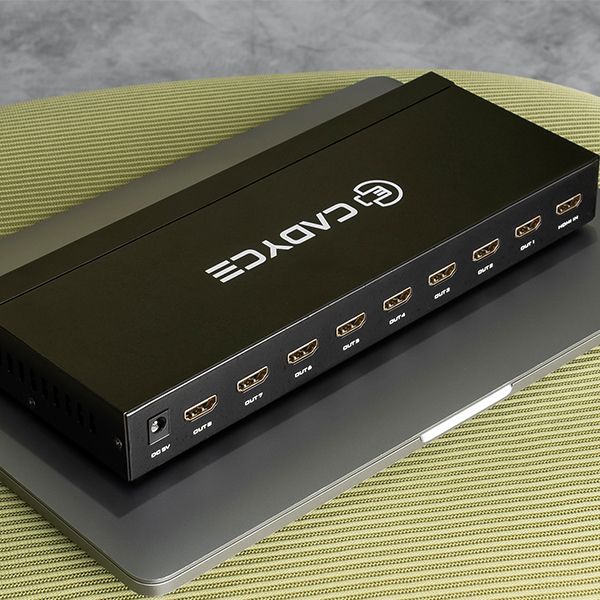 Cadyce CA-8HDSP 1×8 HDMI Splitter packaged box displaying product name and key features