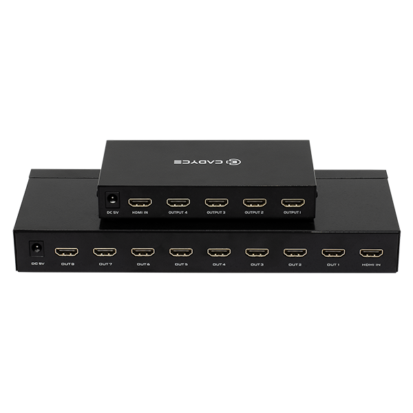 Cadyce CA-8HDSP 1×8 HDMI Splitter view of 5V DC power adapter attached