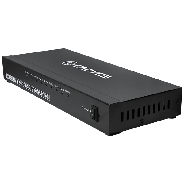 Cadyce CA-8HDSP 1×8 HDMI Splitter close‑up of HDMI input and eight output connectors