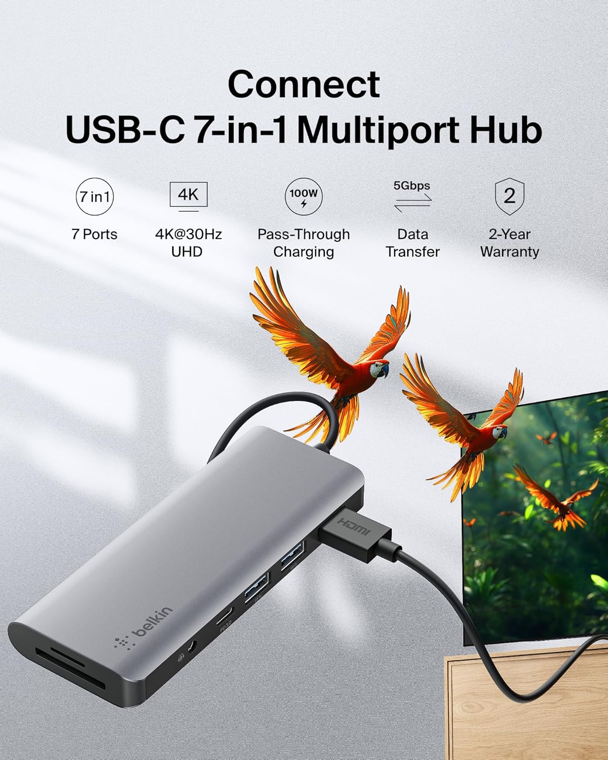 Belkin USB C Hub, 7-in-1 MultiPort Adapter Dock with 4K HDMI, USB-C 100W PD Pass-Through Charging, 2 x USB A, 3.5mm Audio, SD 3.0 Slot and Micro SD 3.0 for MacBook Pro, Air, iPad Pro, XPS and More