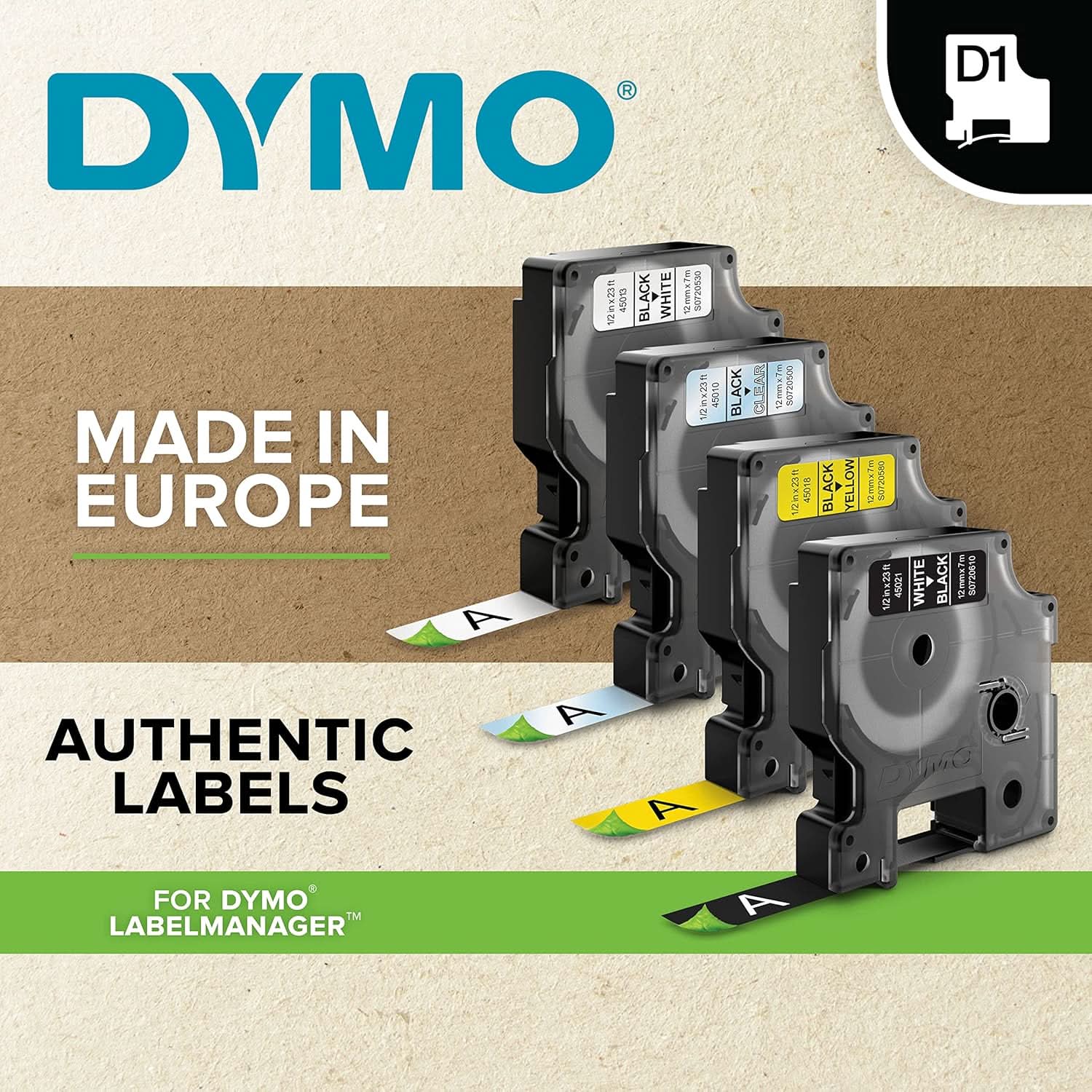 DYMO AUTHENTIC D1 LABELS, BLACK PRINT ON WHITE TAPE, 12MM X 7M, SELF-ADHESIVE LABELS FOR LABELMANAGER & MOBILELABELER LABEL PRINTERS